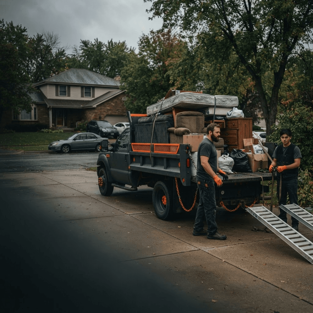 Joplin Junk Hauling truck loaded with furniture and household junk in a driveway